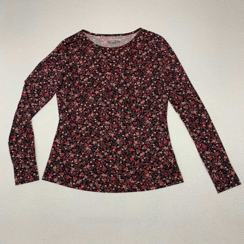 Lands End Womens Small Red Pink Floral Long Sleeve Crew Neck Stretch Top